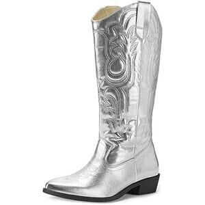 Mysoft Womens Size 10 Shiny Silver Faux Leather 1.5" Heel Western Cowboy Boots